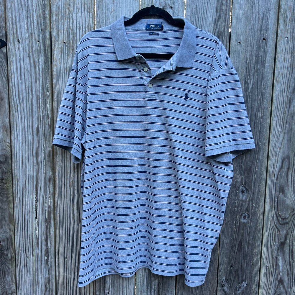 POLO BY RALPH LAUREN Gray and Navy Striped Classic Fit Polo Shirt Mens XXL